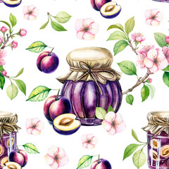 Seamless watercolor pattern with jam plums and flowering twigs. Watercolor seamless pattern of plums and leaves, white background, for card invitation design backgrounds wrapping paper scrapbooking