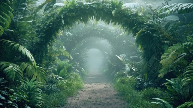 misty jungle pth with dense greenery nd exotic plnts rching over