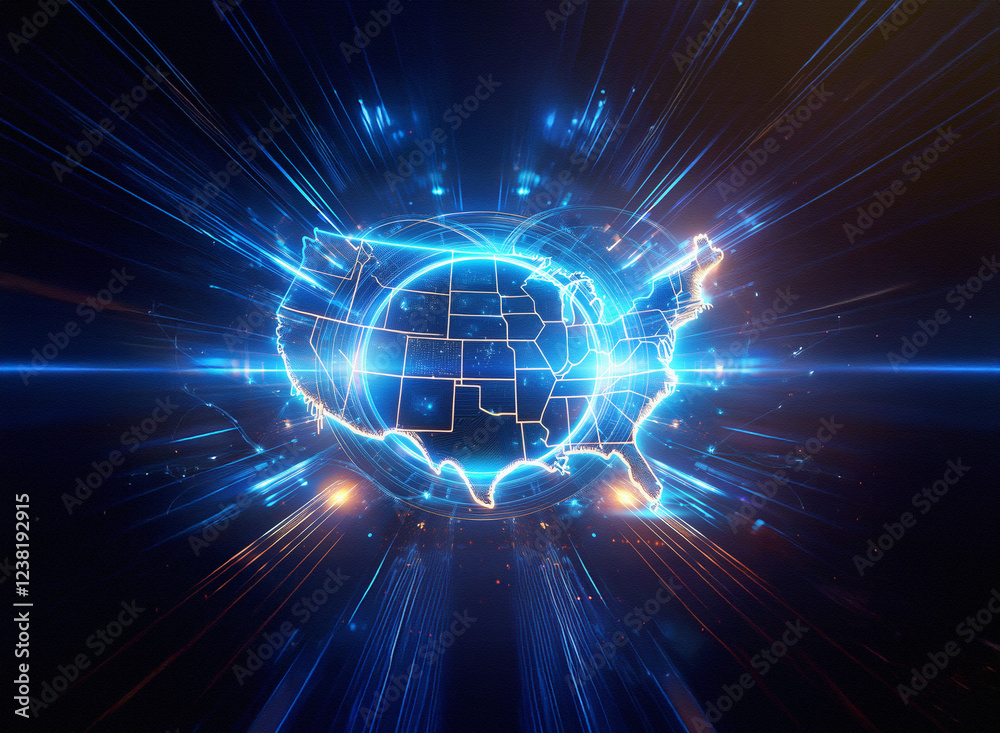Poster abstract sci-fi double exposure image. a glowing, futuristic map of the united states is embedded wi