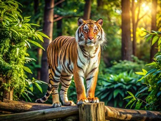 Obraz premium A majestic tiger, a regal portrait, perched majestically on wood, in a zoo setting.