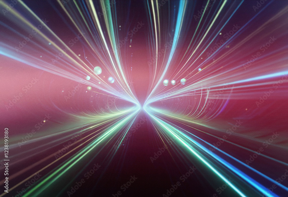 Poster Abstract sci-fi double exposure image.  Glowing lines converge creating a tunnel effect against a dark, cosmic background.  Bright streaks of light and ethereal orbs fill the scene.
