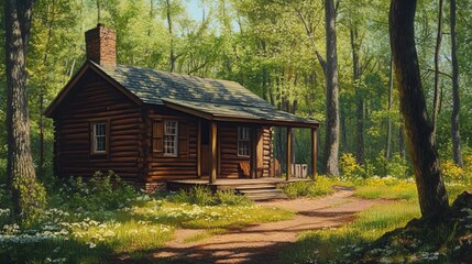 Rustic Cabins Surrounded by Blooming Forest in Spring. AI generated image