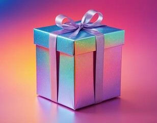 Fototapeta premium A vibrant, pastel gift box with a bow against a colorful gradient background.