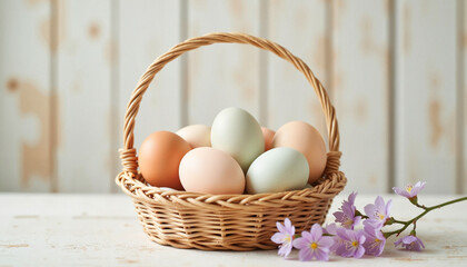 Basket of pastel-colored eggs with blooming flowers on a rustic wooden background