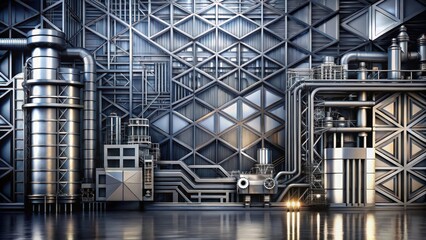 Fototapeta premium Modern industrial landscape with metallic tones, a blend of grays and blacks, featuring intricate geometric patterns on the background , machinery, contemporary