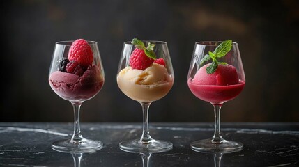 Colorful Sorbet and Ice Cream Desserts in Elegant Glass Bowls
