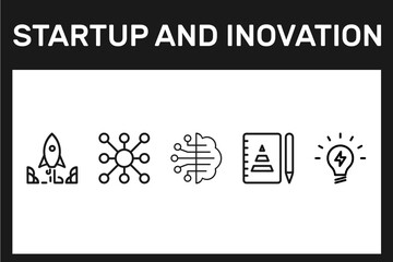 startup and innovation line icons business icon, rocket, bulb, network, tech brain.