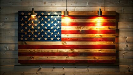 A rustic wooden American flag, bathed in low light, adorns a white wall, a patriotic night scene.