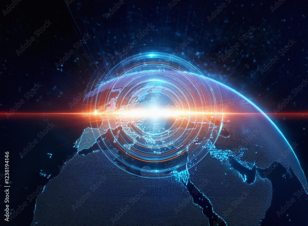 Poster abstract sci-fi double exposure image depicting a futuristic glowing earth, surrounded by concentric