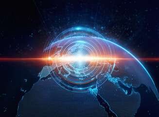 Obraz premium Abstract sci-fi double exposure image depicting a futuristic glowing Earth, surrounded by concentric circles, set against a dark space background. Bright light beams emerge from the planet's center.