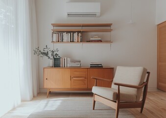 Modern minimalist living room with wooden furniture, books, and natural light.