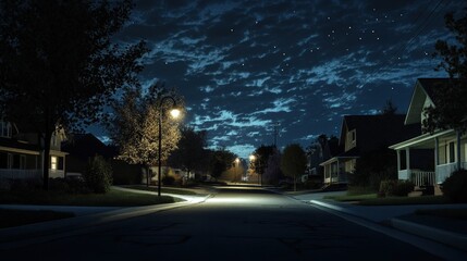 Fototapeta premium suburban street lit by soft porch lights and street lamps, with the dark sky above and the quiet hum of the neighborhood creating a relaxing atmosphere.