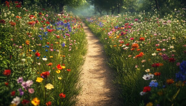 nrrow dirt pth through vibrnt wildflowers in  serene medow
