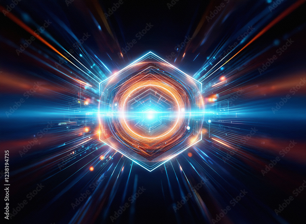 Aufkleber Abstract sci-fi background featuring a double exposure of a glowing hexagonal structure with vibrant energy streaks, creating a futuristic and dynamic visual.