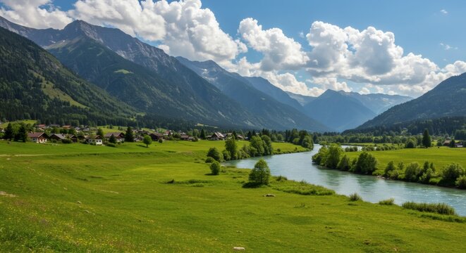 Serene River Valley Landscape with Mountains and Green Fields