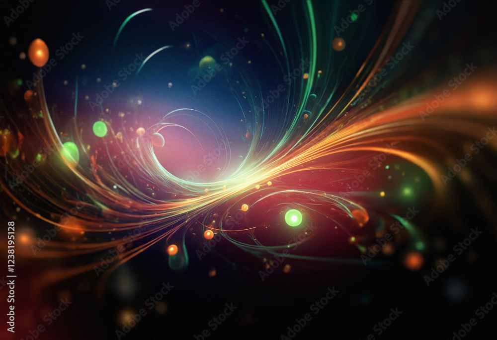 Poster Abstract sci-fi double exposure background. Swirling, luminous lines and orbs create a vibrant, cosmic scene.  Energy flows in a dynamic, colorful composition.