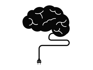 brain with plug icon over white background, silhouette style, vector illustration