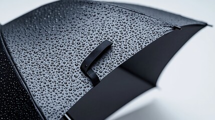 A close-up of a black umbrella with raindrops, showcasing its design and functionality.