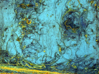Close up of Heavily Rusted Blue Steel Metal Plate with Orange corrosion Close Up Background