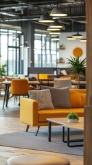 Fototapeta premium Modern Office Interior with Yellow Sofa and Bright Decor Elements
