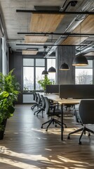 Fototapeta premium Modern office interior with natural light and greenery elements