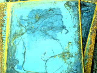 Close up of Heavily Rusted Blue Steel Metal Plate with Orange corrosion Close Up Background
