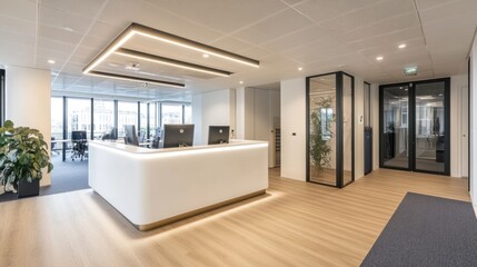 Fototapeta premium Modern office reception area with curved white desk, light wood floor, and glass partitions.