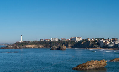 Fototapeta premium view of the beach of Biarritz city, famous for the practice of surfing,France