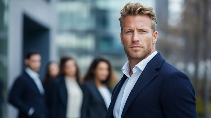 CEO businessman confidently standing in front of his team and posing