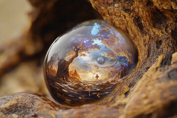 Obraz premium Magnificent landscape captured in a droplet reflecting an enchanting fantasy world during dusk