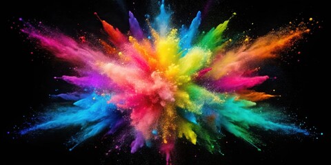 Vibrant colored powder explosion on a black background with confetti-like particles scattered everywhere, creating a kaleidoscope of colors and textures , powder, vibrant