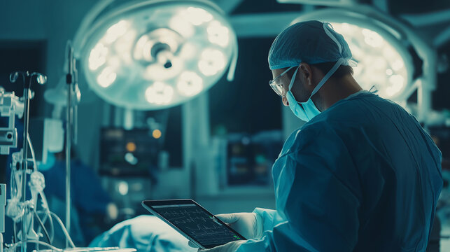 hard working mature surgeon holding tablet and reading an EKG