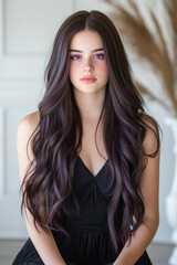 Fototapeta premium A refined studio portrait featuring a young woman with elegant long hair and mesmerizing purple eyes, her confident expression illuminated by gentle, even lighting,