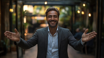 enthusiastic young businessman in suit opening arms and welcoming