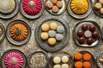 A design of a colorful patterned invitation or greeting card Gold and silver trays for serving sweets