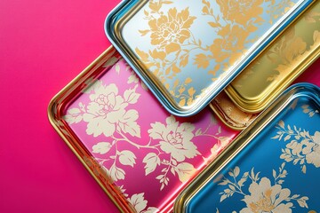 A design of a colorful patterned invitation or greeting card Gold and silver trays for serving sweets