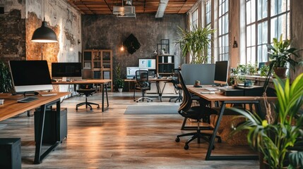 Fototapeta premium Modern Industrial Office Space with Natural Light and Greenery