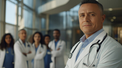 Fototapeta premium confident doctor with stethoscope in white coat posing in front of his workteam