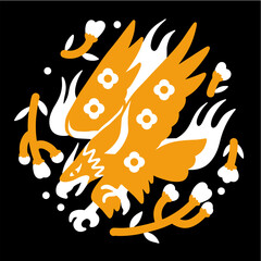 Animal flat hand drawn illustration. tattoos, palm leaves, flowers in simple abstract style illustration, traditional colorfull floral plant eagle hawk swallow butterfly blink fire plant