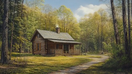 Obraz premium Rustic Cabins Surrounded by Blooming Forest in Spring. AI generated image