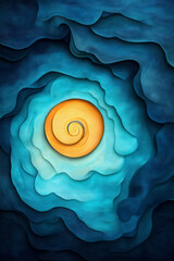 An elegant digital painting of teal and gold abstract swirls, creating a hypnotic fluid design with a luminous, shifting texture,