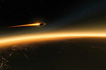 Naklejka premium Comet streaks past a rocky surface under a starry sky in a breathtaking cosmic display at night