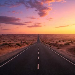 An endless desert highway stretching into the horizon under a vibrant sunset sky, blending hues of orange, pink, and purple.