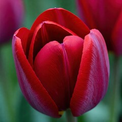 A close-up of a vibrant red tulip in full bloom, showcasing its delicate petals with rich texture and vivid color against a blurred green background.