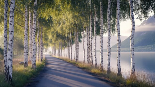 serene lkeside rod lined with tll birch trees under soft morning light