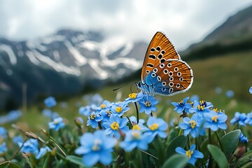 A Mountain Apollo perched on an alpine forget-me-not, high altitude flora meeting rare butterfly beauty.