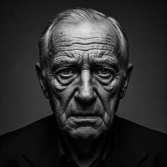 A dramatic black-and-white portrait of an elderly man, highlighting deep facial lines, intense eyes, and rich textures, evoking emotion and wisdom.