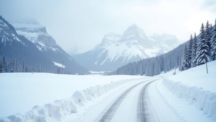 Fototapeta premium a winding snow covered road leading to the mountains in the distance.