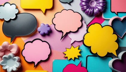 Colorful speech bubbles and flowers on vibrant background