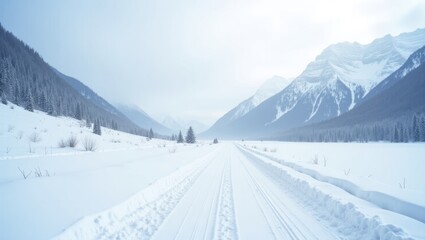 Snowy road winding through a winter mountain valley. 